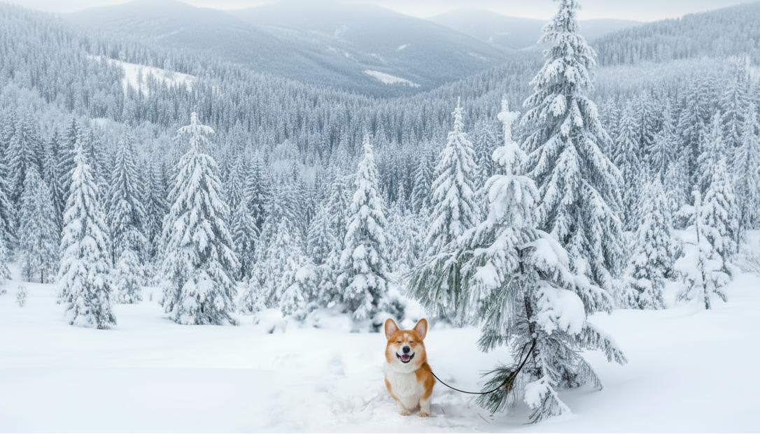 Dog standing in the snow with a leash, surrounded by trees