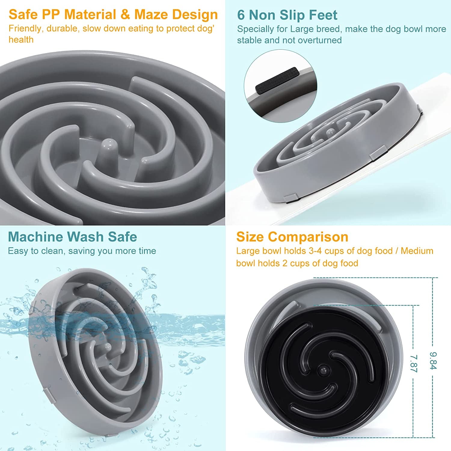 Interactive Slow Feeder Dog Bowl for Large & Medium Dogs - Non-Slip Maze Design to Promote Healthy Eating and Prevent Bloat - Stylish Light Gray Color