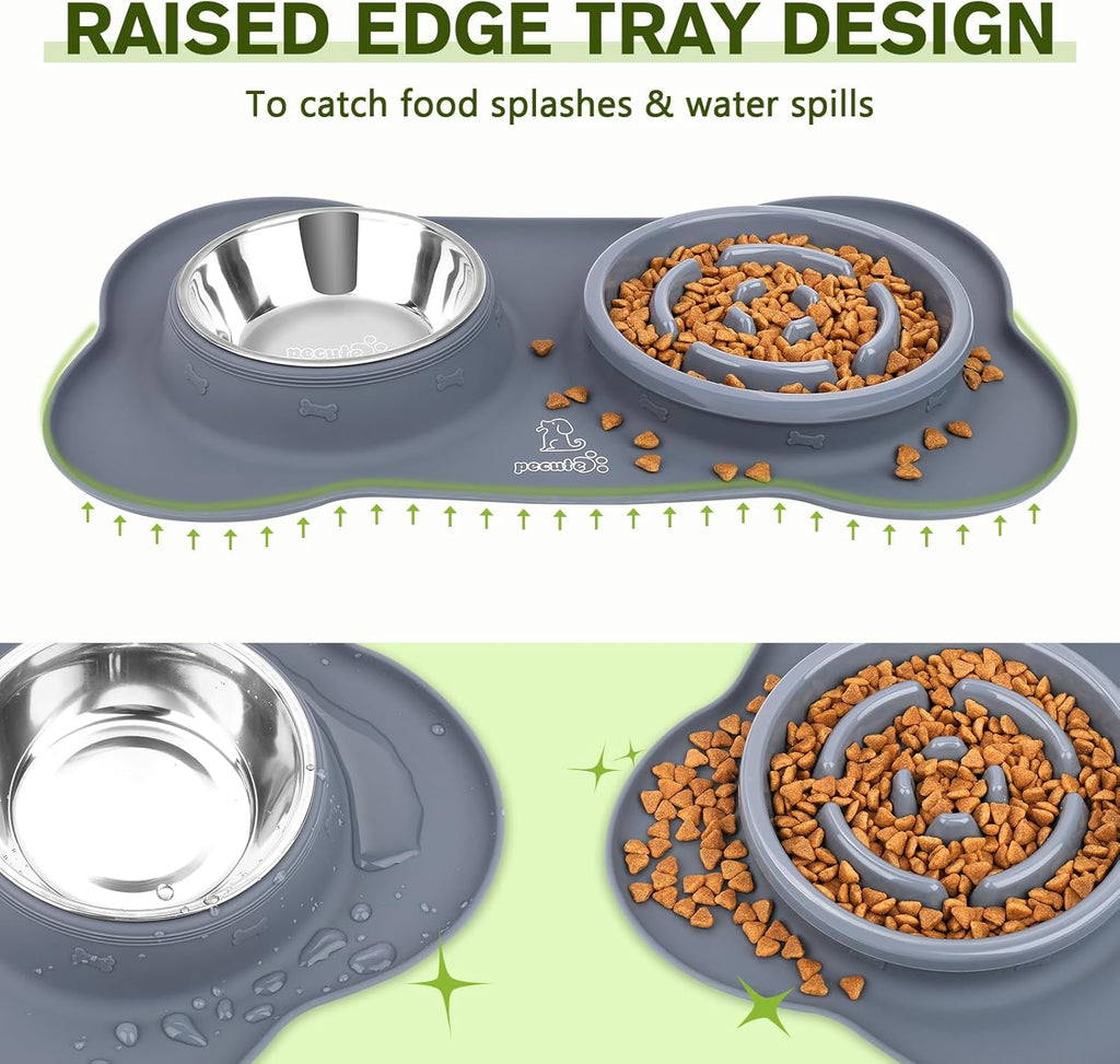 Slow Feeder Dog Bowls to Slow down Eating, Dog Bowl Slow Feeder with No-Spill Non-Skid Silicone Mat, Food-Grade Safe Dog Food Bowls Slow Feeder, Stainless Steel Dog Water Bowl for Dogs Cats