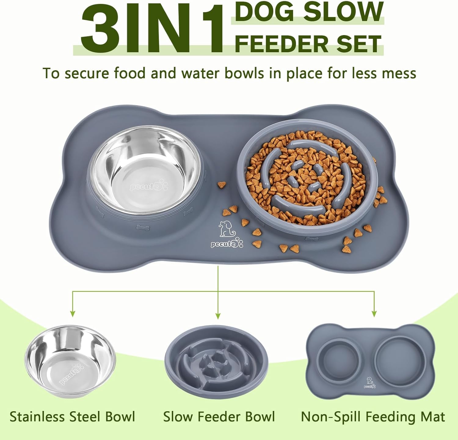 Slow Feeder Dog Bowls to Slow down Eating, Dog Bowl Slow Feeder with No-Spill Non-Skid Silicone Mat, Food-Grade Safe Dog Food Bowls Slow Feeder, Stainless Steel Dog Water Bowl for Dogs Cats